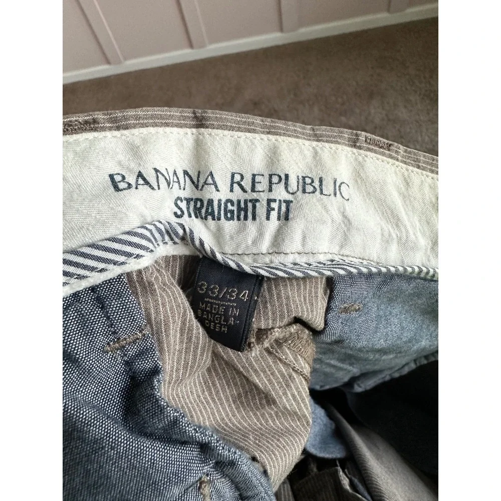 Banana Republic Mens 33x34 Straight Fit Striped Chino Pants Olive Green White
